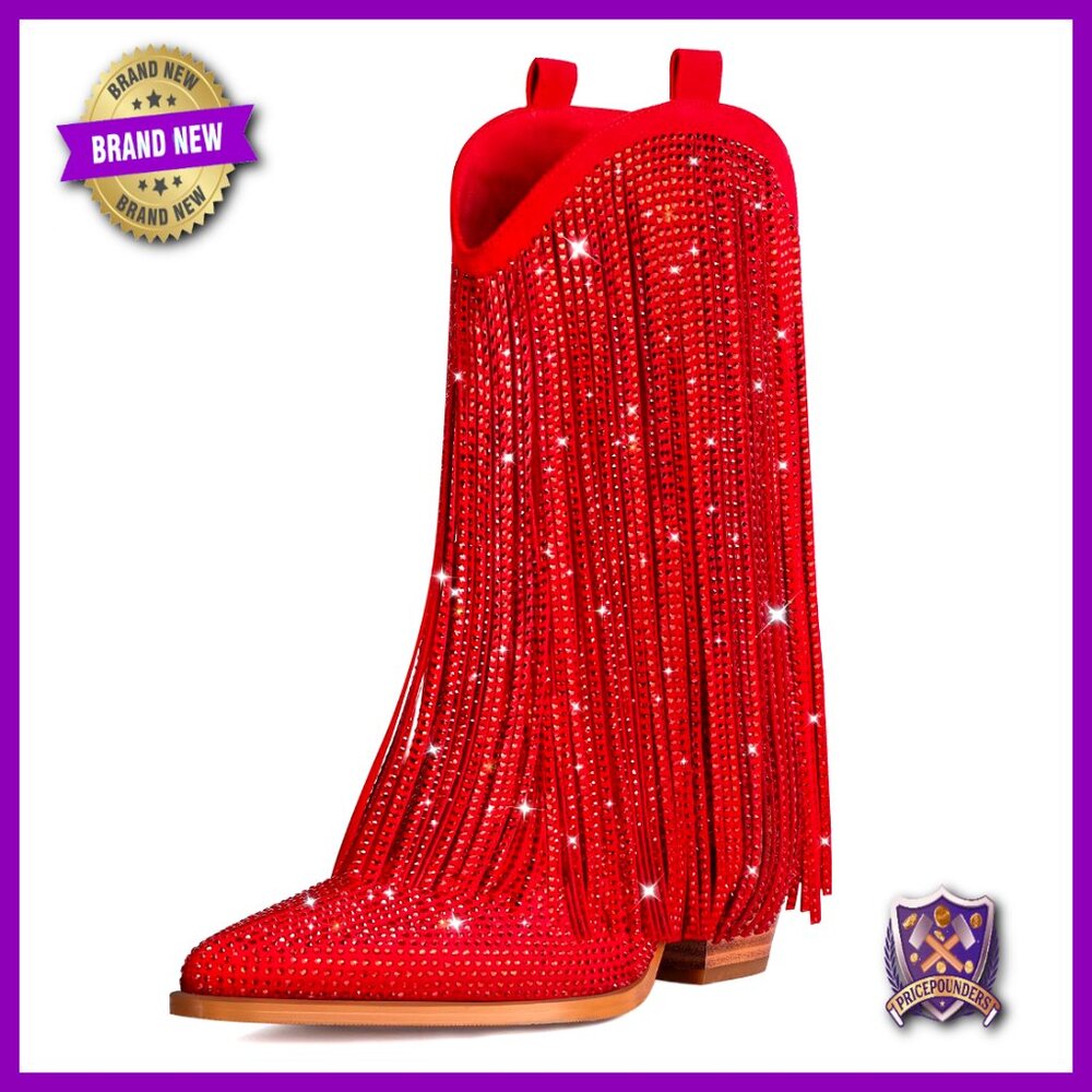 Cowgirl Rhinestone Boots Sparkly Fringe Pointed Toe Western Chunky Heel Pull-On